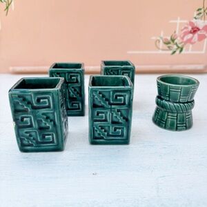 MCM Forest Green Toothpick Holder Pottery Vases Mid Century Modern Aztec Design